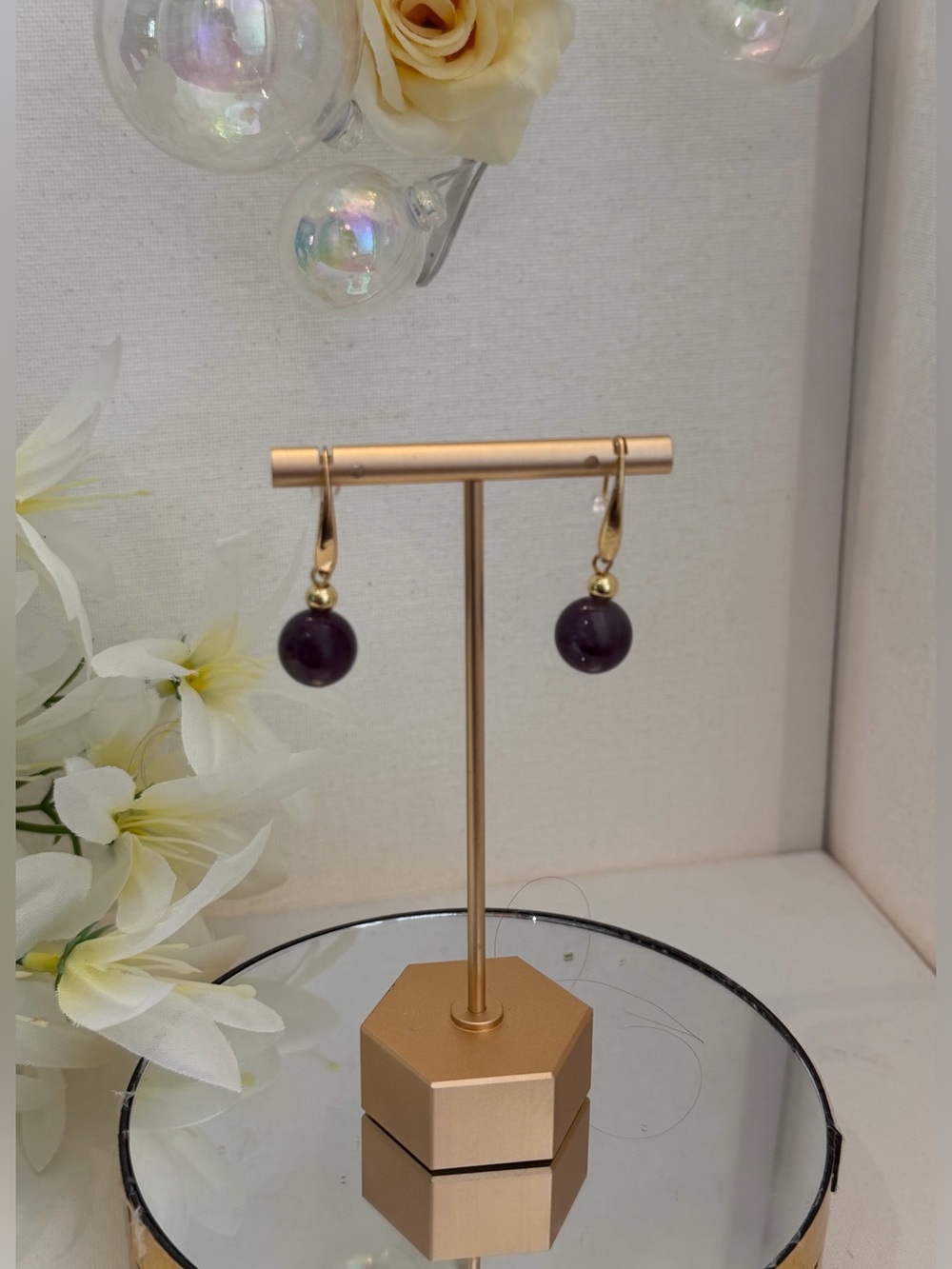Gold Hook Earrings with Amethyst Semiprecious Stone NEW